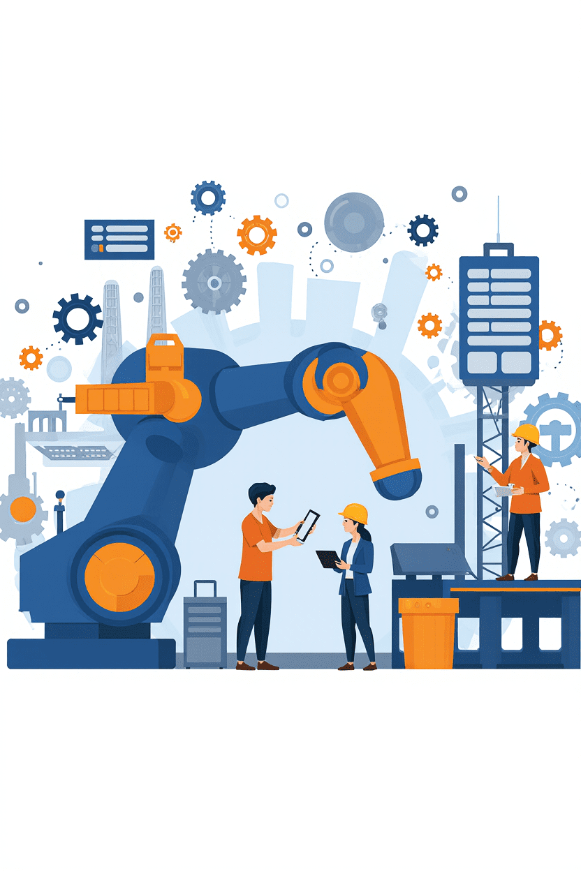 Ilustración de automatización industrial en Colombia con maquinaria, robots y operarios en planta moderna.